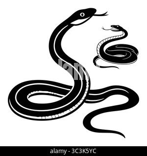 Schwarz-weiße Äskulapische Schlangenillustration mit zwei stilisierten Schlangen mit einzigartigen Designs Stock Vektor