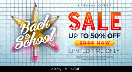 Back to School Sale Bannerdesign mit Graphitstift und Typografie-Schriftzug auf kariertem Notizbuch Hand gezeichnetem Doodles Hintergrund. Vektorgeschäft Stock Vektor