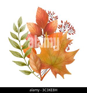 Bouquet von bunten Herbstblättern in warmen Tönen. Handgemalt in sanftem Aquarellstil, perfekt für saisonale, botanische und gemütliche Herbstmotive Stockfoto