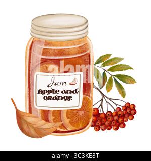 Obstmarmelade im Glasgefäß und Zweig von rowan mit roten Beeren. Handbemalt in gemütlichem Aquarellstil, perfekt für Herbstmotive, Küchendekor und Rezepte Stockfoto