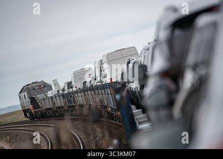Überfahrt von Niebüll nach Westerland auf Sylt mit dem blauen Autozug der RDC AUTOZUG Sylt GmbHBlick auf einen Teilabschnitt der von Hamburg und nach Sylt führenden Marschbahn mit dem Hindenburgdamm in Schleswig-Holstein zwischen den Stationen Niebüll und Westerland auf der Insel Sylt, Berlin Berlin Deutschland ORTSANGABE *** Überquerung von Niebüll nach Westerland auf Sylt mit dem blauen AUTOZUG der RDC AUTOZUG Sylt GmbH Ansicht eines Abschnitts der Sumpfbahn von Hamburg nach Sylt mit dem Hindenburgdamm in Schleswig Holstein zwischen den Bahnhöfen Niebüll und Westerland auf der Insel Stockfoto