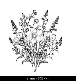 Frühlingsblumen, Blumenstrauß, schwarz-weiße Skizze. Vektorabbildung. Wilde Blumen und Lavendelzweige, isoliert auf weißem Hintergrund. Für Einladungen Stock Vektor