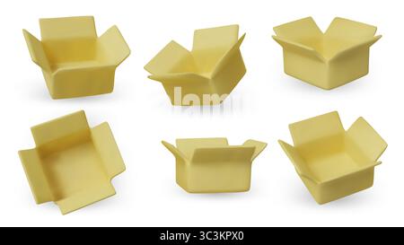 Set mit gelben offenen 3D-Kartonschachteln in verschiedenen Winkeln. Realistische Verpackungselemente für Branding, E-Commerce, Lieferung oder App-Design. Stock Vektor