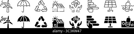 Symbolsatz für ökologische Nachhaltigkeit und grüne Energie. Linear und Silhouette. Stock Vektor