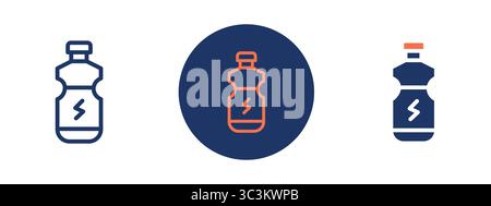 Drei Flaschen Energy Drink mit einem Blitz auf der Vorderseite. Die Flaschen sind blau und orange Stock Vektor