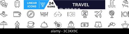 Symbolgruppe „Reise“. Lineare Symbole für Reisen und Tourismus. Stock Vektor