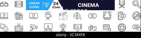 Cinema-Symbolsatz. Lineare Ausführung. Stock Vektor