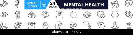 Symbolgruppe für psychische Gesundheit. Lineare Ausführung. Stock Vektor