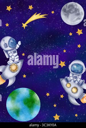 Rechteckiger Rahmen mit Astronauten, Kosmonauten, Weltraumraketen, Raumschiffen, Mond, Sterne, Wolken, Himmel, Erde Stockfoto