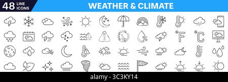 Symbol für Wetter und Klima gesetzt. Lineare Ausführung. Stock Vektor