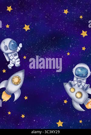 Rechteckiger Rahmen mit Astronauten, Kosmonauten, Weltraumraketen, Raumschiffen, Sternen, blaue Wolken, Nachthimmel. Digitales Aquarell Stockfoto