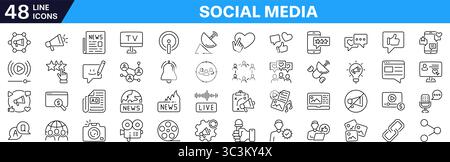 Symbolsatz für soziale Medien und Kommunikation. Bearbeitbare Kontur. Lineare Ausführung. Stock Vektor