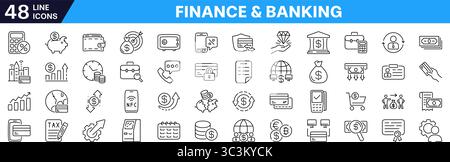 Symbolgruppe Finanzen mit bearbeitbarer Kontur. Symbol für Banklinie. Stock Vektor