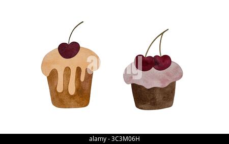 Aquarellillustration von zwei Cupcakes mit rosa und pfirsichfarbenen Zuckerguss, gekrönt mit Kirschen, auf weißem Hintergrund. Süß und köstlich, perfekt für Papa Stockfoto