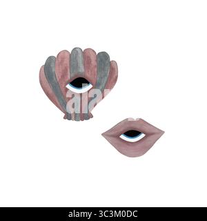 Eine Aquarellillustration mit stilisierter, staubiger rosafarbener Muschel und Lippen, beide mit Augen, vor weißem Hintergrund. Dieses skurrile und künstlerische d Stockfoto