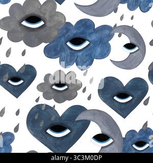 Nahtloses Aquarellmuster mit stilisierten Herzen, Regenwolken mit Regentropfen und Mondsicheln mit Augen auf weißem Hintergrund. Skurril und p Stockfoto