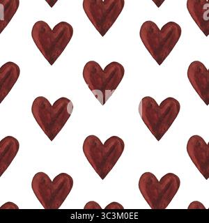 Nahtloses Aquarellmuster dunkelroter Herzen auf weißem Hintergrund. Reich und romantisch, perfekt für Valentinstag, Hochzeitseinladungen oder Sophisti Stockfoto