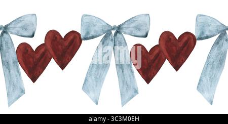 Nahtloser Aquarellrand mit blauen Schleifen und dunkelroten Herzen auf weißem Hintergrund. Elegant und charmant, perfekt für romantische Designs, Valentin Stockfoto