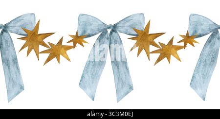 Nahtloser Aquarellrand mit blauen Schleifen und asymmetrischen gelben Sternen unterschiedlicher Größe auf weißem Hintergrund. Verspielt und festlich, perfekt für Stockfoto