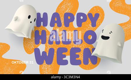 Niedliches horizontales Halloween-Poster mit zwei fliegenden 3D-Geistern und auffälligem Happy Halloween-Schriftzug auf hellem Pastellhintergrund. Hell, festlich und lustig Stock Vektor