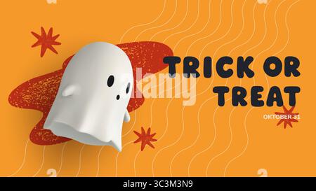 Horizontales Halloween-Poster mit fliegendem 3D-Geist und auffälligem Trick oder Treat-Text auf leuchtendem orangefarbenem Hintergrund. Lustiges und festliches Design für saisonales Web Stock Vektor