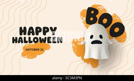 Horizontales Halloween-Poster mit einem verängstigten 3D-Geist, BUH-Text und handgezeichneten Texturen auf pastellfarbenem Hintergrund. Lustiges und gruseliges Design für die Saison Stock Vektor