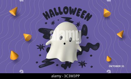 Horizontales Halloween-Poster mit einem niedlichen 3D-Geist, gruseligen Schriften und festlichen Süßigkeiten auf lila Hintergrund. Ideal für saisonale Banner Stock Vektor