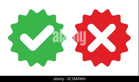 Vektorsymbole für Genehmigungs- und Ablehnungsabzeichen mit Häkchen- und Kreuzsymbolen. Grünes Häkchen und ein rotes Kreuz auf weißem Hintergrund Stock Vektor