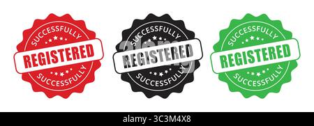 Erfolgreich registriert kreisförmiges Stempelabzeichen Vektorset in Rot Schwarz Blau Grün. Stock Vektor