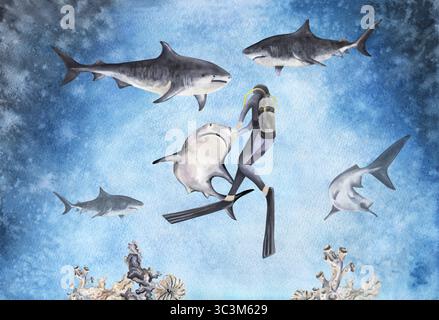 Taucher umgeben von Haien unter Wasser, dramatische Meereslandschaft in Aquarellen Stockfoto