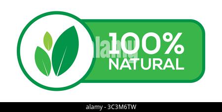 100 % Naturprodukt-Logo. Grünes 100 % natürliches Produktetikett mit Blattsymbol in abgerundeter Bannerform für umweltfreundliche Bio-Verpackungen. Stock Vektor