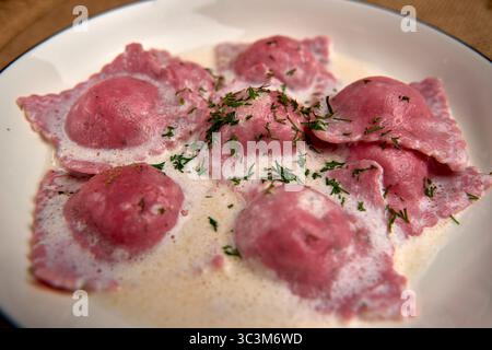 Köstliche Platte mit hausgemachtem rosa Ravioli gefüllt mit aromatischer Füllung in cremiger Sauce garniert mit frischen Kräutern, perfekt für Gourmet Dining Experie Stockfoto