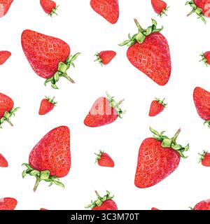 Nahtloses Muster mit roten, realistischen Erdbeeren, handgezeichnet in Aquarell. Stockfoto