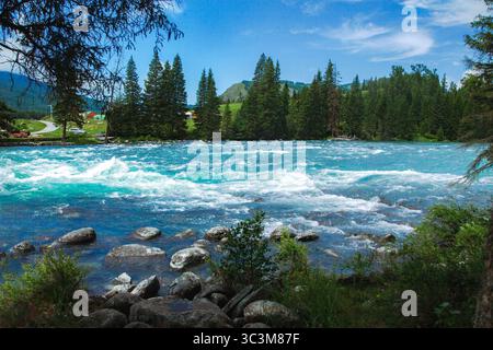 Der türkisfarbene kristallklare Fluss fließt durch die üppige Waldlandschaft im abgelegenen HEMU Village, Kanas, Xinjiang, China Stockfoto