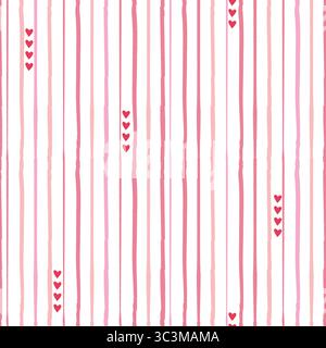 Nahtloses Muster mit rauen Streifen und niedlichen Herzdetails. Vertikaler rosa roter Valentinstag romantischer gestreifter Pyjama Hintergrund. Stock Vektor