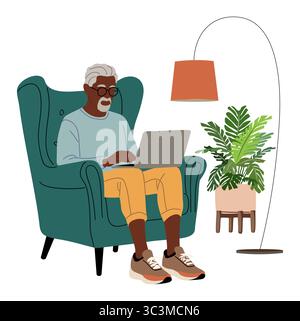 Senior Mann sitzt im Sessel und arbeitet am Laptop Stock Vektor