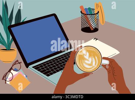 Hände halten die Kaffeetasse in der Nähe des Laptops auf dem Schreibtisch Stock Vektor