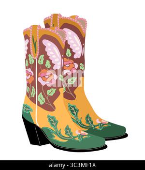Bunte Cowboystiefel isoliert auf weiß Stock Vektor