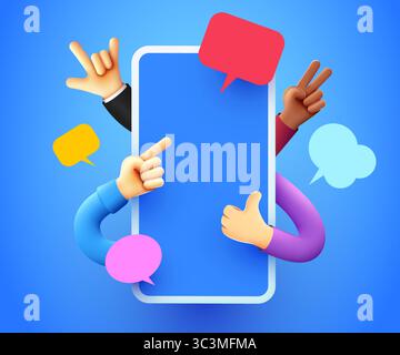 Smartphone mit lustigen Händen. Social Media und Kommunikationskonzept. Vektorabbildung Stock Vektor