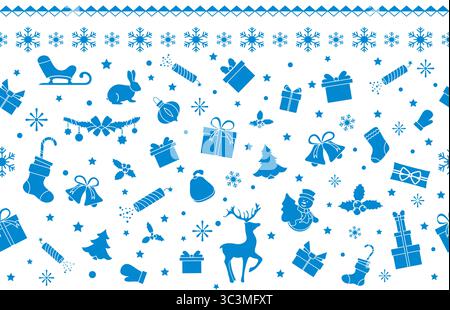 Weihnachtsmotiv in Blau mit Geschenken, Schneeflocken, Rentieren und festlichen Dekorationen Vektor Stock Vektor