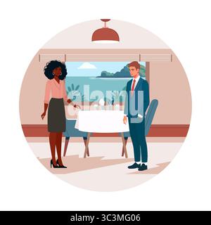 Geschäftstreffen zwischen zwei Profis in modernem Speisesaal mit großem Fensterblick Stock Vektor