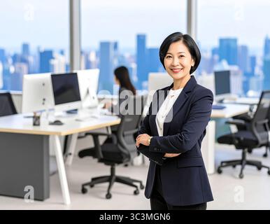 „Erfolgreiche chinesische Geschäftsfrau in einem dunklen Anzug, die selbstbewusst in einer modernen Büroumgebung steht.“ Stockfoto