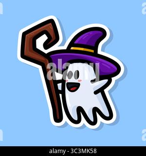 Stickerdesign mit süßem Geist, der einen lila Hexenhut trägt und einen Zauberstab hält. Niedliche Geister-Clip-Art mit schlichtem und flachem Design Stock Vektor