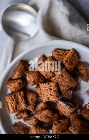 Ein köstliches Frühstück mit Schokoladenmüsli und Milch. Die knusprigen Müslistücke werden in cremiger Milch eingeweicht und sorgen für einen herrlichen Morgen-Genuss. Stockfoto
