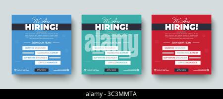 Wir stellen offene Stellen in sozialen Medien ein und erstellen eine Vorlage für ein quadratisches Webbanner. Werbung für professionelle Mitarbeiter in sozialen Medien Stock Vektor