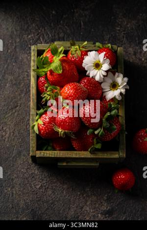 Eine rustikale Holzkiste gefüllt mit Reifen, saftigen Erdbeeren, begleitet von zarten Gänseblümchen. Das leuchtende Rot und weiß sorgt für einen auffälligen Kontrast Stockfoto