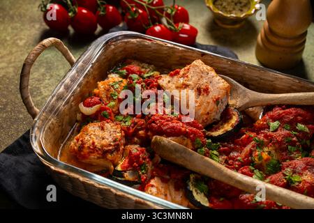 Gebackene Lachsfilets in einem Bett aus buntem Gemüse, großzügig mit reichhaltiger Tomatensoße überzogen. Ein köstliches Gericht, perfekt für ein gesundes und Stockfoto
