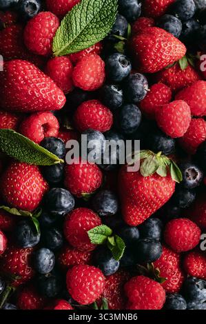 Eine lebendige Auswahl an frischen Erdbeeren, Himbeeren und Heidelbeeren, ergänzt durch Minzblätter. Perfekt für einen gesunden Snack oder einen Spritzer Colo Stockfoto