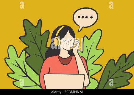 Abbildung einer Frau, die ein gelbes Headset trägt und an einem Laptop arbeitet, vor einem Hintergrund grüner und roter Blätter. Die Lifestyle-Szene ist ruhig Stockfoto
