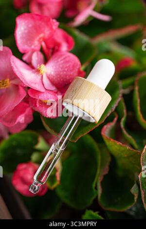 Tropfflasche aus Glas gefüllt mit Serum, vor einem lebendigen floralen Hintergrund. Perfekt für die Präsentation von Hautpflege-, Aromatherapie- oder Schönheitsprodukten in Stockfoto
